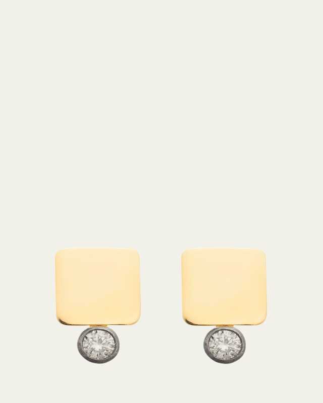 18K Yellow Gold Large Tile Stud Earrings with Floating Champagne Diamonds